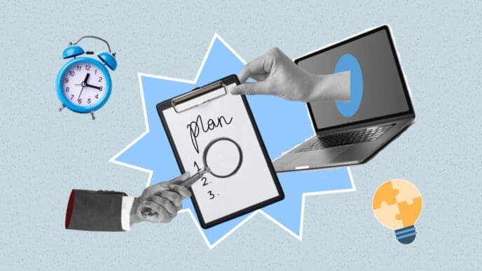 A digital collage with a blue alarm clock, a laptop with a blue circle on its screen, and a lightbulb puzzle piece, all surrounded by hands holding a magnifying glass over a "plan" checklist on a clipboard, against a light blue background.