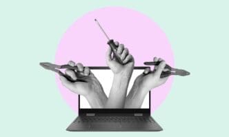 A digital collage featuring a laptop with three grayscale hands emerging from its screen, holding a screwdriver and two pairs of pliers, set against a light green and pink circular background.