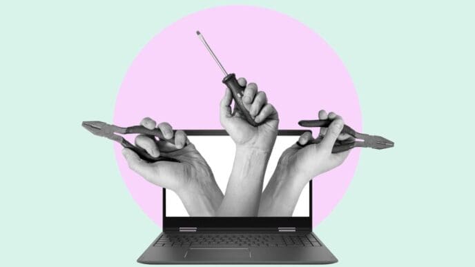 A digital collage featuring a laptop with three grayscale hands emerging from its screen, holding a screwdriver and two pairs of pliers, set against a light green and pink circular background.