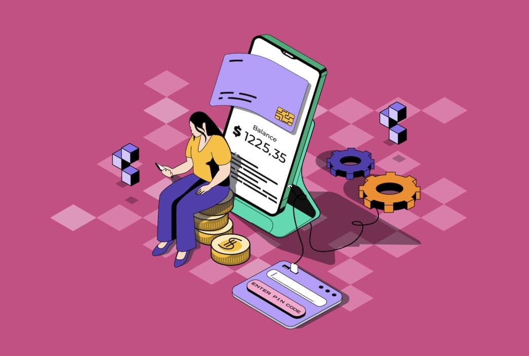 An isometric illustration of a woman sitting on coins next to a large smartphone displaying a bank balance, with a credit card, PIN pad, and gears, all representing FinTech.