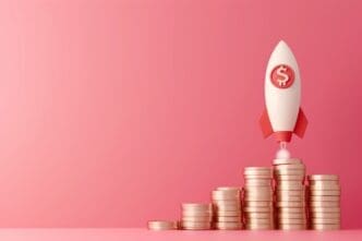 A 3D rendering of a white rocket with red fins and a dollar sign on its side, launching from a stack of golden coins, symbolizing rapid financial growth, all on a pink background.