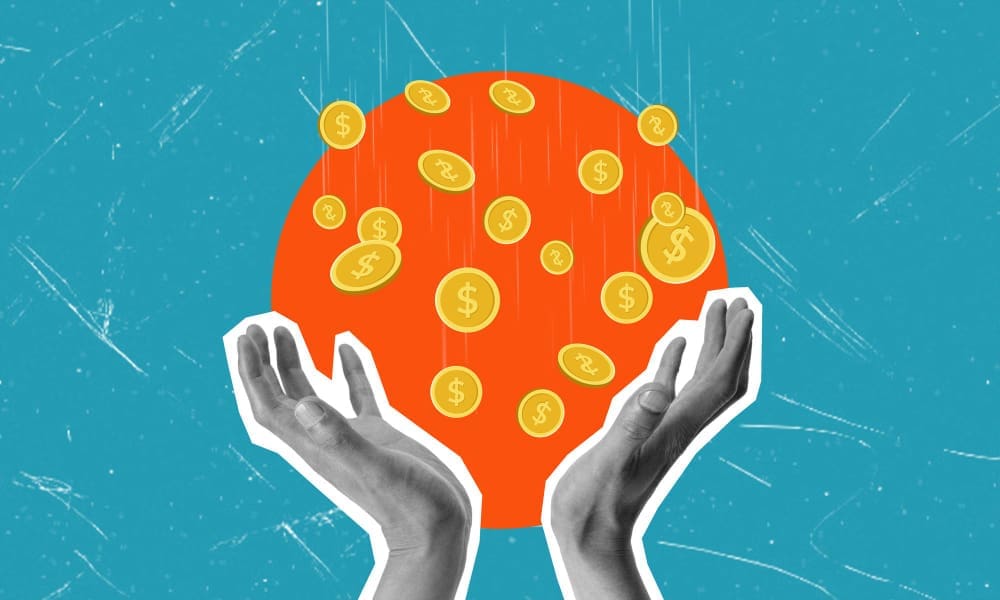 A graphic illustration of two grayscale hands cupped to catch a shower of falling gold coins with dollar signs on a teal-blue background.