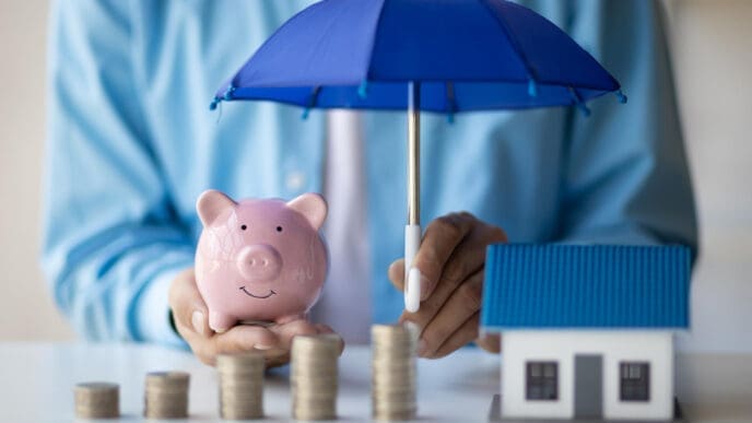 A person holds a blue umbrella over a pink piggy bank and a model house, with stacks of coins arranged in front, symbolizing financial protection and long-term growth.