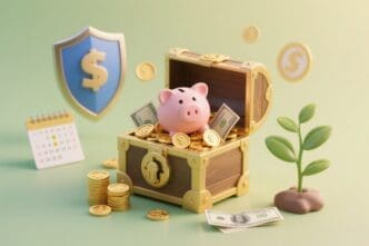 A 3D illustration of a piggy bank and money in an open treasure chest, surrounded by financial symbols like coins, a shield, and a calendar.