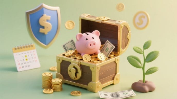 A 3D illustration of a piggy bank and money in an open treasure chest, surrounded by financial symbols like coins, a shield, and a calendar.