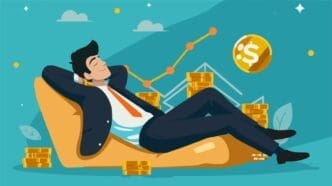 A relaxed businessman reclining, surrounded by stacks of gold coins, an upward-trending graph, and a large dollar coin, symbolizing financial success and wealth.