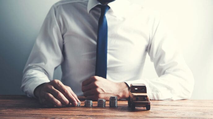 A man in a white shirt and dark tie, with a beard, sits at a wooden table, stacking coins next to a small wooden car, symbolizing financial planning or accumulation of wealth.