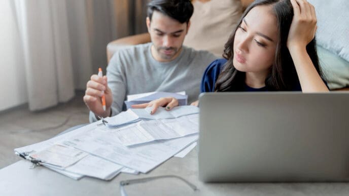A stressed woman looking at a laptop while a man reviews papers, indicating financial concerns and planning.