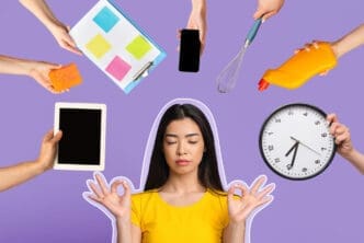 A calm woman meditating in the center, surrounded by multiple hands offering various items representing daily tasks and distractions, against a purple background.