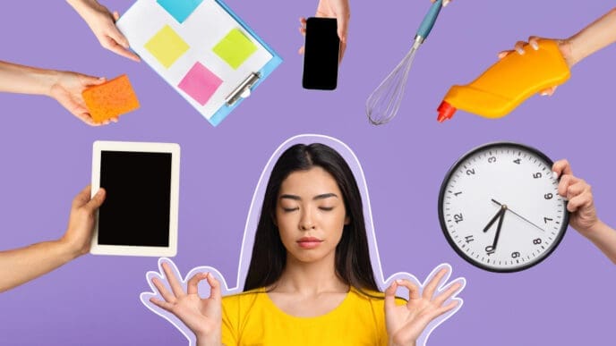 A calm woman meditating in the center, surrounded by multiple hands offering various items representing daily tasks and distractions, against a purple background.