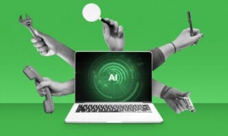 A central laptop displays "AI" on its screen, surrounded by multiple grayscale hands holding various tools like a wrench, magnifying glass, telephone, and highlighter, all against a solid green background.