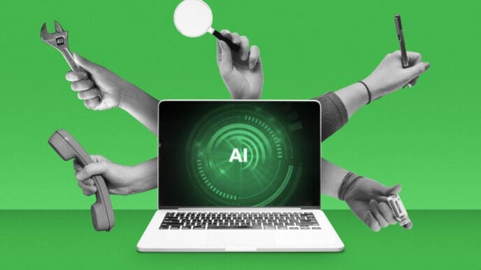 A central laptop displays "AI" on its screen, surrounded by multiple grayscale hands holding various tools like a wrench, magnifying glass, telephone, and highlighter, all against a solid green background.