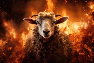 A sheep or goat with light-colored wool and small horns looks directly at the camera, intensely illuminated by a dramatic background of bright orange flames and fiery embers.