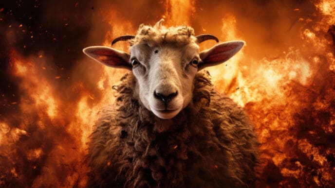 A sheep or goat with light-colored wool and small horns looks directly at the camera, intensely illuminated by a dramatic background of bright orange flames and fiery embers.