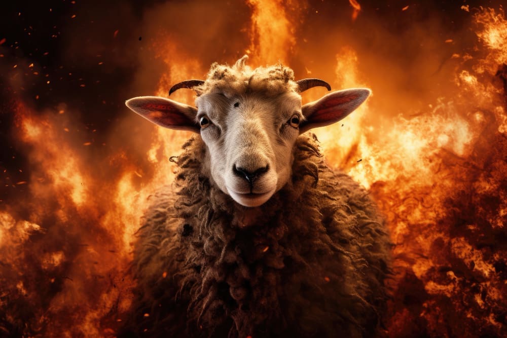 A sheep or goat with light-colored wool and small horns looks directly at the camera, intensely illuminated by a dramatic background of bright orange flames and fiery embers.