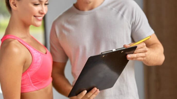 A male personal trainer, who appears to be White, points to a workout plan on a clipboard for a smiling female client in a pink sports bra, symbolizing fitness coaching.