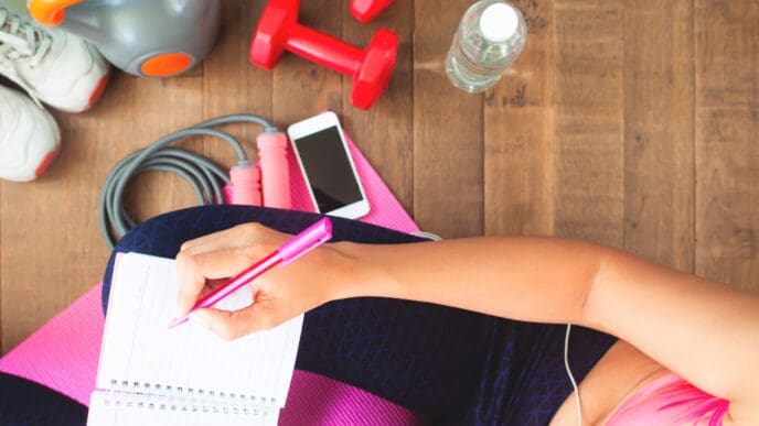 A top-down view of a person writing in a notebook on a pink yoga mat, surrounded by running shoes, red dumbbells, a kettlebell, a jump rope, a water bottle, and a smartphone, symbolizing fitness planning.
