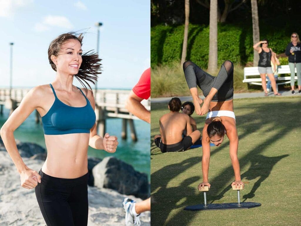 A split image showing a woman running on a beach boardwalk and another woman doing a handstand on yoga blocks in a park.