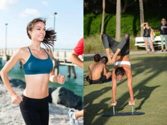 A split image showing a woman running on a beach boardwalk and another woman doing a handstand on yoga blocks in a park.