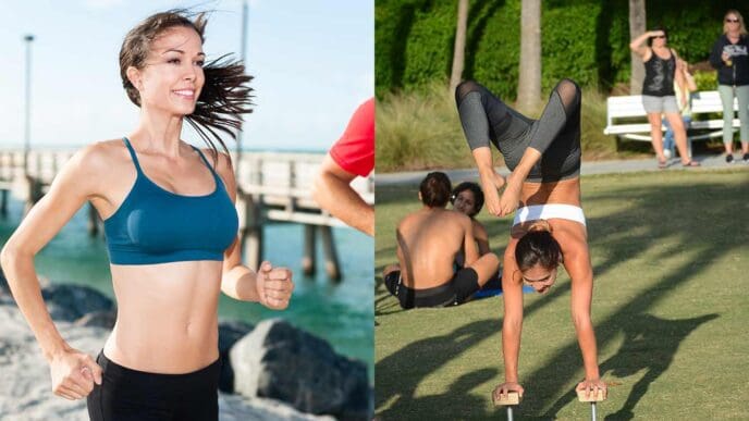A split image showing a woman running on a beach boardwalk and another woman doing a handstand on yoga blocks in a park.