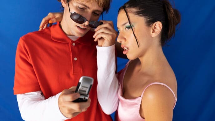 A young man wearing sunglasses and a red polo shirt, looking intently at an old flip phone while a woman in a pink top looks on with interest, against a blue background.
