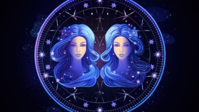A stylized illustration of two ethereal twin figures, representing Gemini, surrounded by a starry zodiac wheel on a cosmic background.