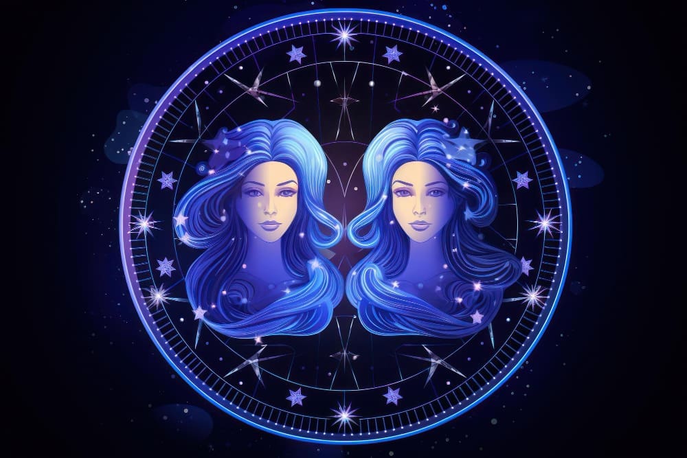 A stylized illustration of two ethereal twin figures, representing Gemini, surrounded by a starry zodiac wheel on a cosmic background.
