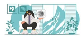 A flat vector illustration of a woman sitting in an armchair, holding up a square with a tangled scribble, symbolizing an anxious or overwhelmed mind. The background includes houseplants and abstract window views.