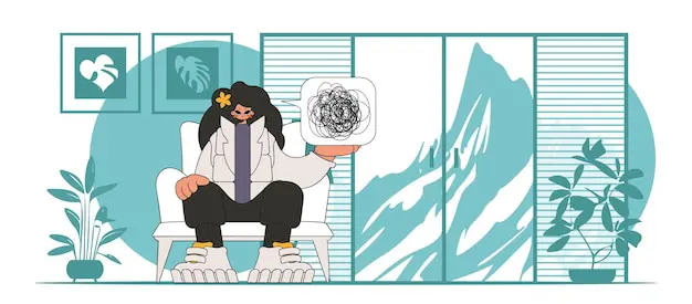 A flat vector illustration of a woman sitting in an armchair, holding up a square with a tangled scribble, symbolizing an anxious or overwhelmed mind. The background includes houseplants and abstract window views.