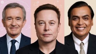A collage featuring portraits of Bernard Arnault, Elon Musk, and Mukesh Ambani.