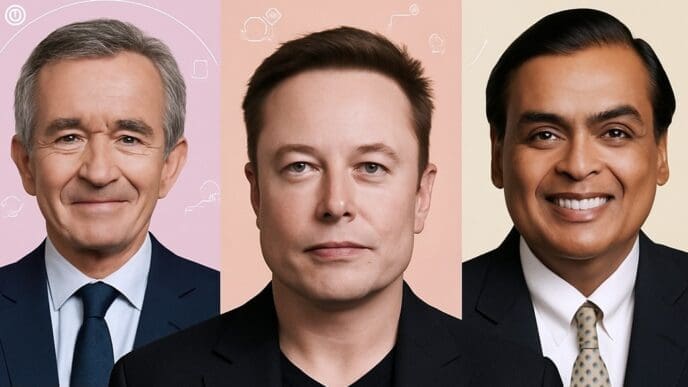 A collage featuring portraits of Bernard Arnault, Elon Musk, and Mukesh Ambani.