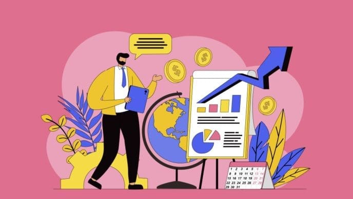 A colorful illustration of a businessman with a clipboard, standing next to a globe, a chart with an upward arrow, and financial symbols, all on a pink background.