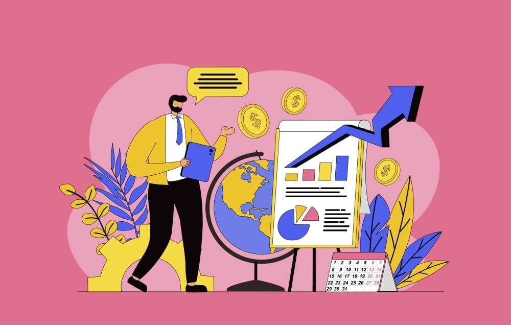 A colorful illustration of a businessman with a clipboard, standing next to a globe, a chart with an upward arrow, and financial symbols, all on a pink background.