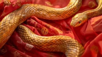 A close-up of a golden snake with detailed scales, coiled on rich red fabric, representing the Chinese zodiac sign.