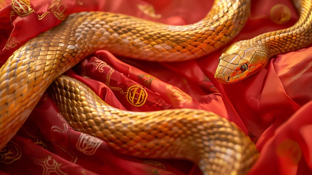 A close-up of a golden snake with detailed scales, coiled on rich red fabric, representing the Chinese zodiac sign.