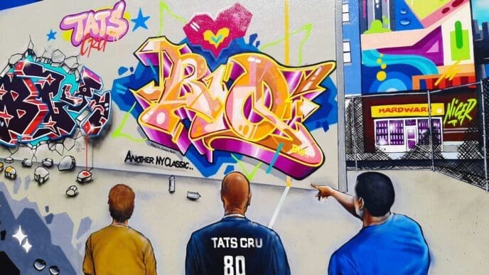 A vibrant graffiti mural in Wynwood, Miami, featuring three people looking at a large, colorful piece of "TATS CRU" graffiti lettering. The mural incorporates a broken-wall effect and a detailed cityscape with a "HARDWARE" store.