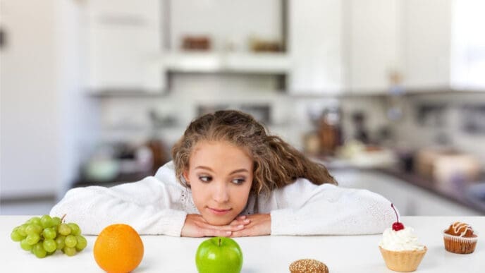 A young woman lies on a counter, resting her chin on her forearms and looking intently at a selection of healthy fruits (apple, orange, grapes) and unhealthy treats (cupcake, cookies, muffin), symbolizing food choices and healthy habits.