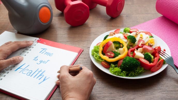 A top-down flat lay showing hands writing "Time to get Healthy" in a notebook, next to a colorful salad, a kettlebell, and red dumbbells, symbolizing health and fitness planning.