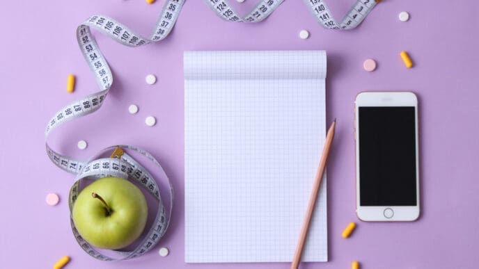 A top-down flat lay of health and wellness items on a purple background, including a blank notepad, a pencil, a green apple with a white measuring tape, a smartphone, and scattered pills and capsules.