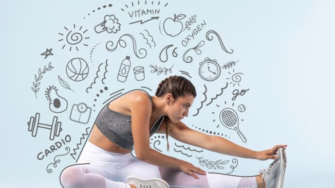 A young woman in athletic wear is seated on the floor, stretching forward. She is surrounded by hand-drawn doodle icons representing various aspects of a healthy lifestyle, such as food, exercise, and hydration.