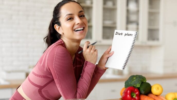 A happy young woman who appears to be Hispanic or Mediterranean, smiles while leaning on a kitchen counter, holding a notebook titled "Diet plan:" and a pen, with fresh vegetables and a salad nearby.