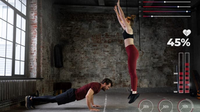 A man doing a plank and a woman doing a jump, with digital overlays showing fitness metrics, symbolizing high-intensity interval training.