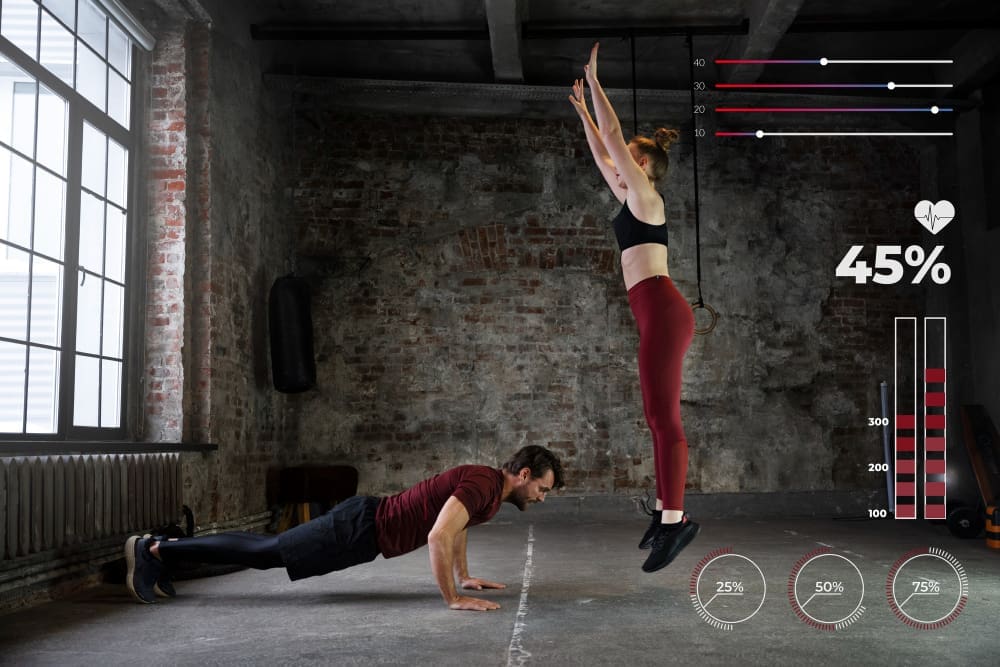 A man doing a plank and a woman doing a jump, with digital overlays showing fitness metrics, symbolizing high-intensity interval training.