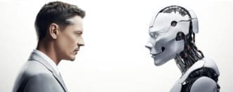 A man in a suit facing a humanoid robot, symbolizing the intersection of business and artificial intelligence.
