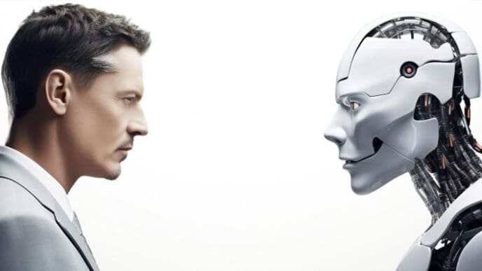 A man in a suit facing a humanoid robot, symbolizing the intersection of business and artificial intelligence.
