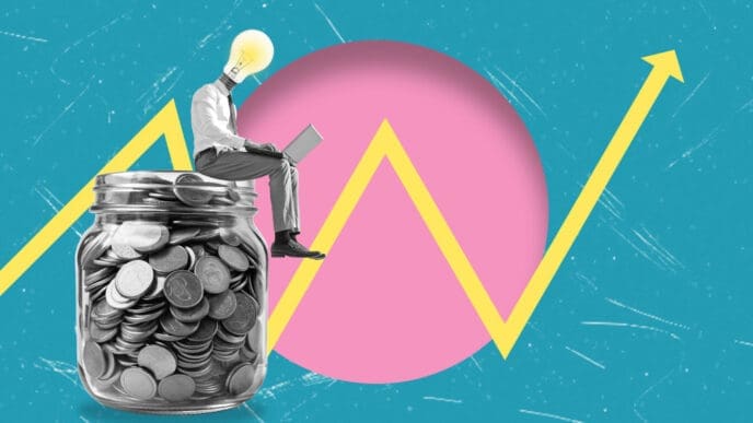 A man with a lightbulb for a head, sitting on a jar of coins and using a laptop, with an upward financial graph and pink circle in the background.