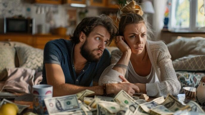 A young couple, looking concerned and serious, sits at a table covered in scattered US dollar bills, with the woman resting her chin on her hand and the man gazing upwards thoughtfully.