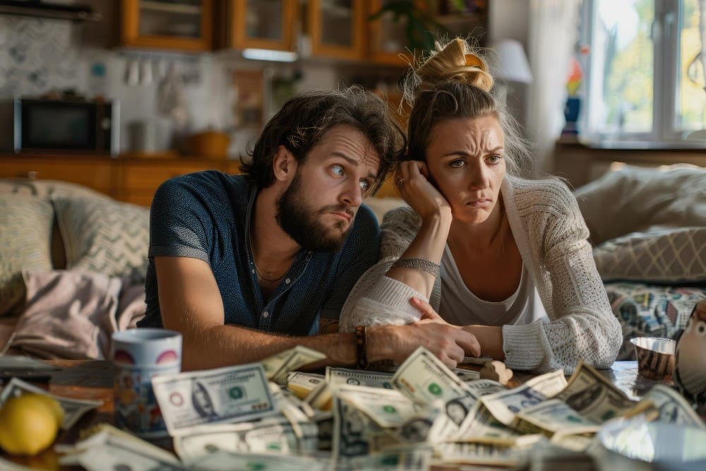 A young couple, looking concerned and serious, sits at a table covered in scattered US dollar bills, with the woman resting her chin on her hand and the man gazing upwards thoughtfully.