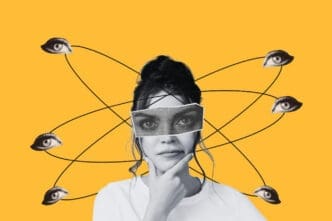 A black and white collage of a woman with her eyes obscured by a ripped paper showing another set of eyes, with her hand on her chin in thought, surrounded by floating eye icons connected by lines, all against a bright orange background.