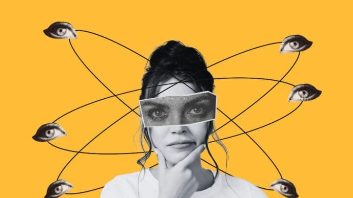 A black and white collage of a woman with her eyes obscured by a ripped paper showing another set of eyes, with her hand on her chin in thought, surrounded by floating eye icons connected by lines, all against a bright orange background.